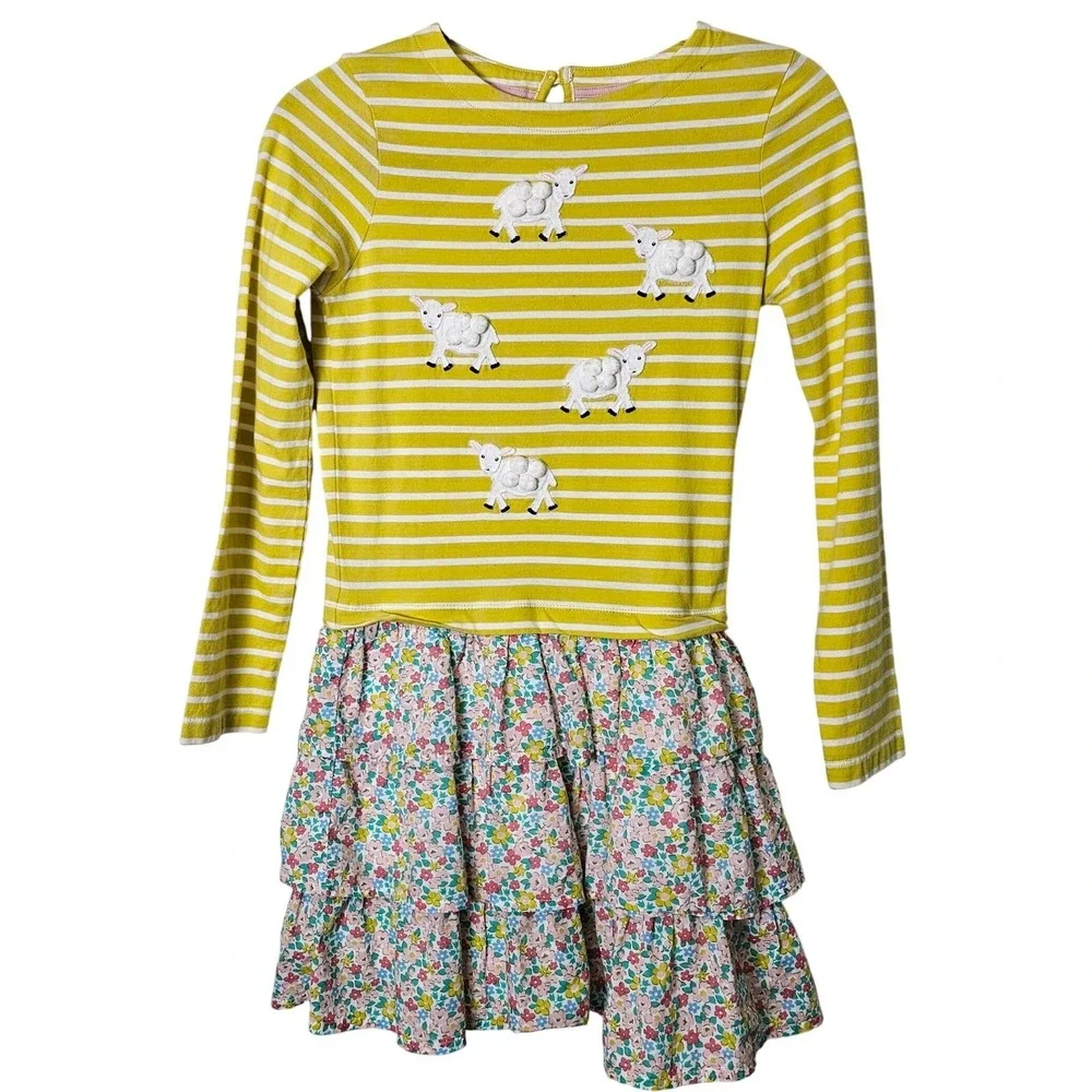 Mini Boden Girls Striped Dress Applique Sheep Floral Tiered Skirt Size 11-12 Yrs